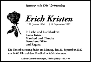 Traueranzeige von Erich Kristen von Braunschweiger Zeitung