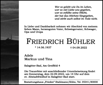 Traueranzeige von FRIEDRICH BÜHLER von Salzgitter Zeitung