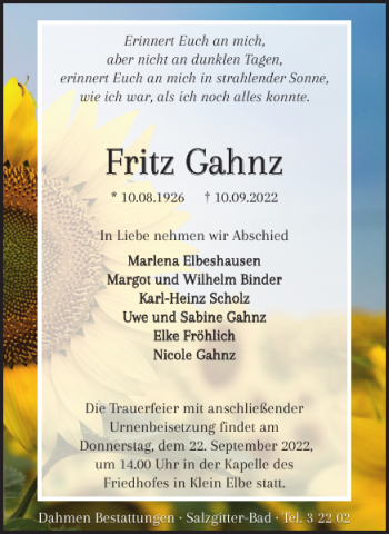 Traueranzeige von Fritz Gahnz von Salzgitter Zeitung