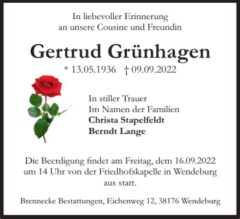 Traueranzeige von Gertrud Grünhagen von Braunschweiger Zeitung