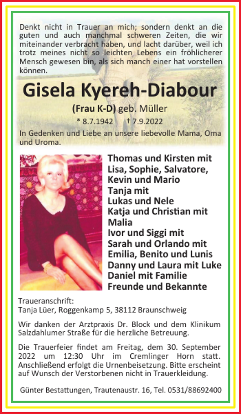 Traueranzeige von Gisela Kyereh-Diabour von Braunschweiger Zeitung