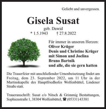 Traueranzeige von Gisela Susat von Salzgitter Zeitung