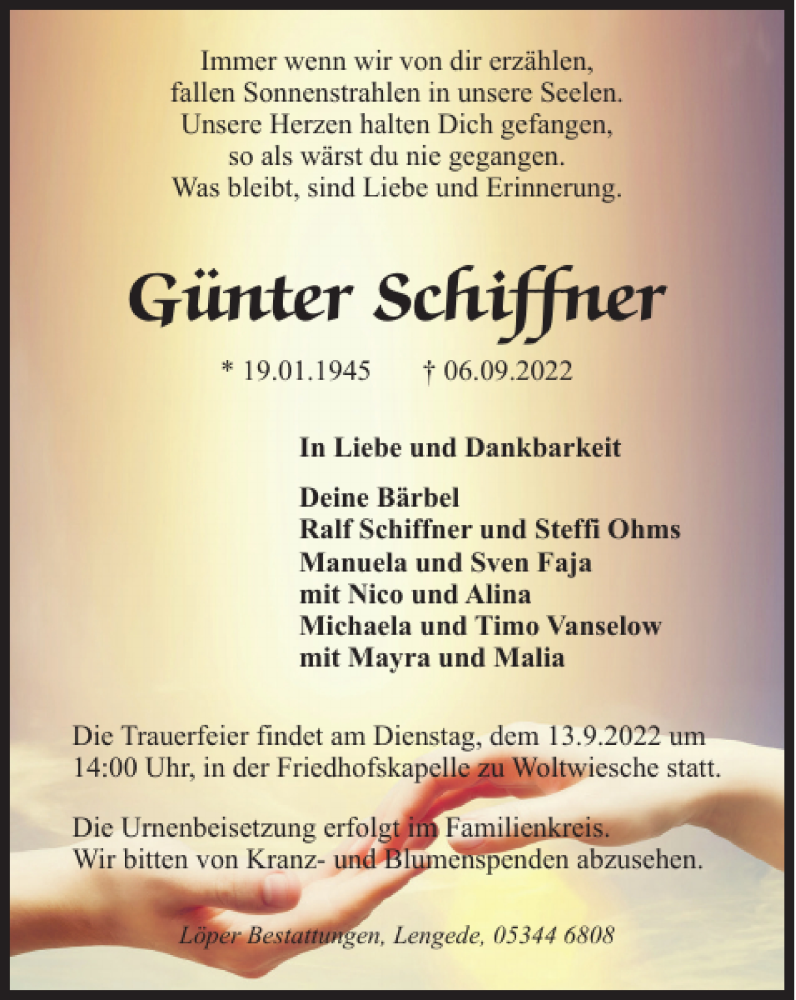  Traueranzeige für Günter Schiffner vom 10.09.2022 aus Peiner Nachrichten