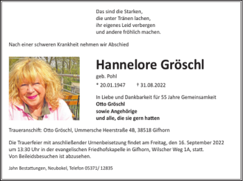 Traueranzeige von Hannelore Gröschl von Wolfsburger Nachrichten