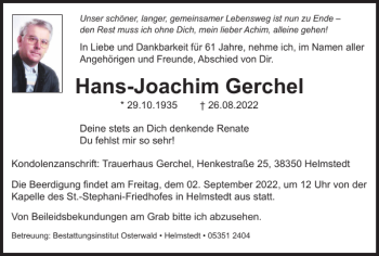 Traueranzeige von Hans-Joachim Gerchel von Helmstedter Nachrichten
