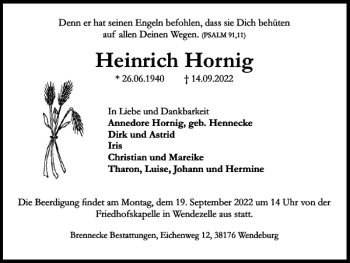 Traueranzeige von Heinrich Hornig von Braunschweiger Zeitung