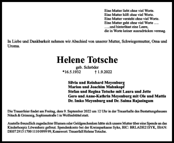 Traueranzeige von Helene Totsche von Wolfenbütteler Zeitung