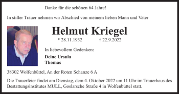 Traueranzeige von Helmut Kriegel von Wolfenbütteler Zeitung