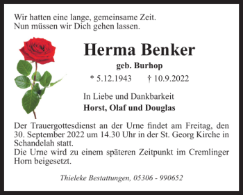 Traueranzeige von Herma Benker von Wolfenbütteler Zeitung