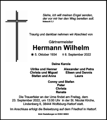 Traueranzeige von Hermann Wilhelm von Wolfsburger Nachrichten