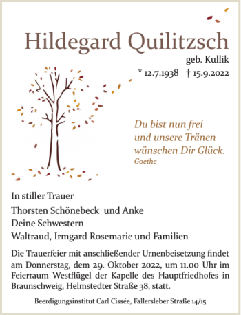 Traueranzeige von Hildegard Quilitzsch von Braunschweiger Zeitung