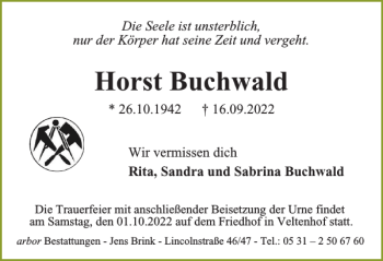 Traueranzeige von Horst Buchwald von Braunschweiger Zeitung