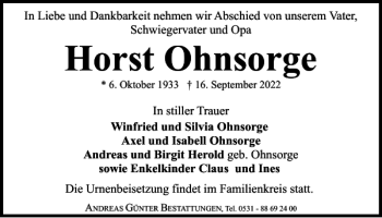 Traueranzeige von Horst Ohnsorge von Braunschweiger Zeitung