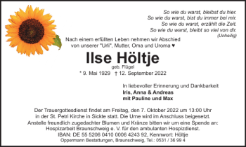 Traueranzeige von Ilse Höltje von Wolfenbütteler Zeitung