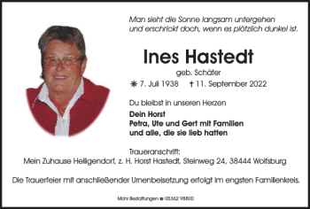 Traueranzeige von Ines Hastedt von Helmstedter Nachrichten