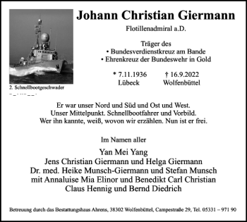 Traueranzeige von Johann Christian Giermann von Braunschweiger Zeitung