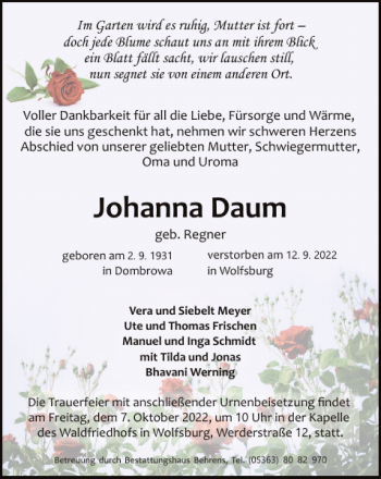 Traueranzeige von Johanna Daum von Wolfsburger Nachrichten