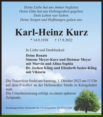Traueranzeige von Karl-Heinz Kurz von Helmstedter Nachrichten