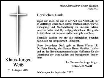 Traueranzeige von Klaus-Jürgen Weiß von Helmstedter Nachrichten