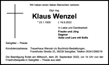 Traueranzeige von Klaus Wenzel von Salzgitter Zeitung