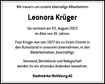 Traueranzeige von Leonora Krüger von Wolfsburger Nachrichten