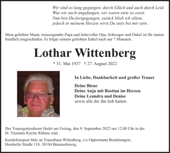 Traueranzeige von Lothar Wittenberg von Braunschweiger Zeitung