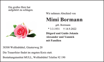 Traueranzeige von Mimi Bormann von Braunschweiger Zeitung