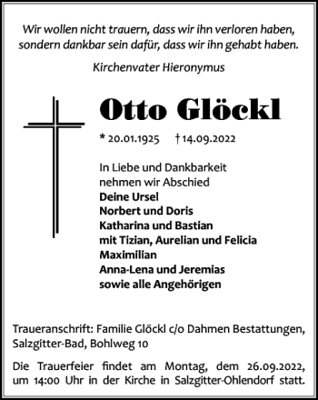 Traueranzeige von Otto Glöckl von Salzgitter Zeitung