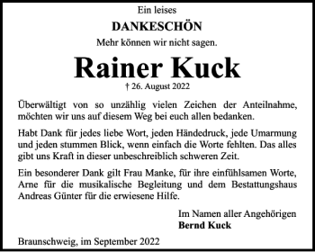 Traueranzeige von Rainer Kuck von Braunschweiger Zeitung