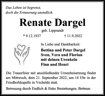 Traueranzeige von Renate Dargel von Peiner Nachrichten