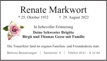Traueranzeige von Renate Markwort von Braunschweiger Zeitung
