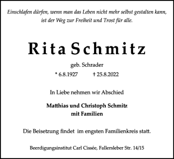Traueranzeige von Rita Schmitz von Braunschweiger Zeitung