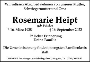 Traueranzeige von Rosemarie Heipt von Salzgitter Zeitung
