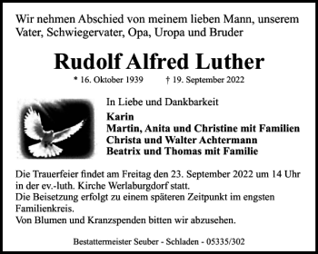 Traueranzeige von Rudolf Alfred Luther von Wolfenbütteler Zeitung
