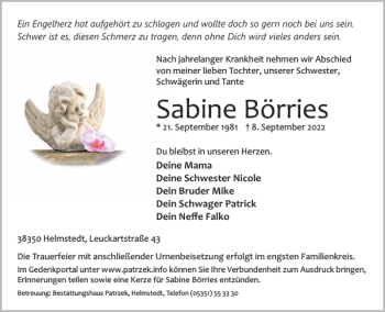 Traueranzeige von Sabine Börries von Helmstedter Nachrichten