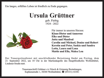 Traueranzeige von Ursula Grüttner von Wolfenbütteler Zeitung