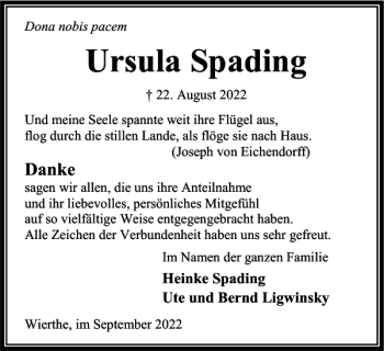 Traueranzeige von Ursula Spading von Peiner Nachrichten