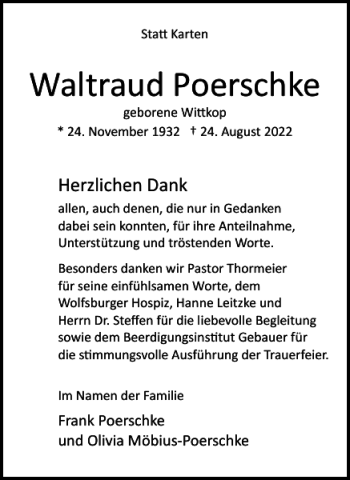 Traueranzeige von Waltraud Poerschke von Wolfsburger Nachrichten