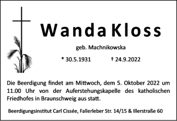 Traueranzeige von Wanda Kloss von Braunschweiger Zeitung