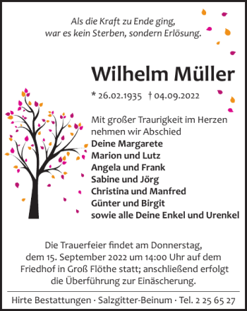 Traueranzeige von Wilhelm Müller von Salzgitter Zeitung