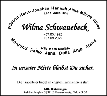 Traueranzeige von Wilma Schwanebeck von Braunschweiger Zeitung