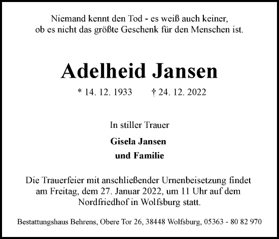 Traueranzeige von Adelheid Jansen von Wolfsburger Nachrichten