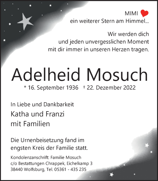 Traueranzeige von Adelheid Mosuch von Wolfsburger Nachrichten