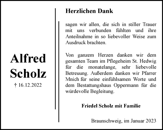 Traueranzeige von Alfred Scholz von Braunschweiger Zeitung