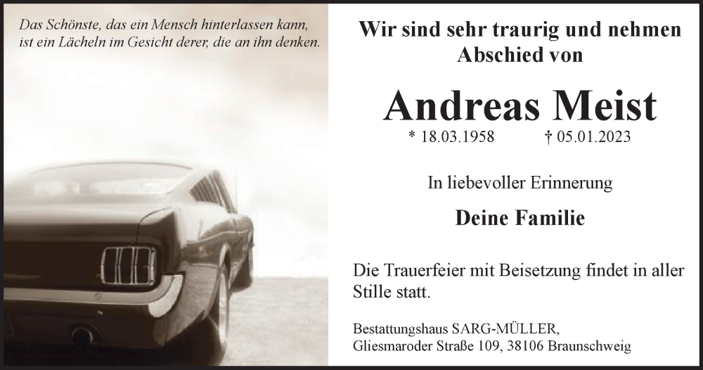  Traueranzeige für Andreas Meist vom 21.01.2023 aus Braunschweiger Zeitung