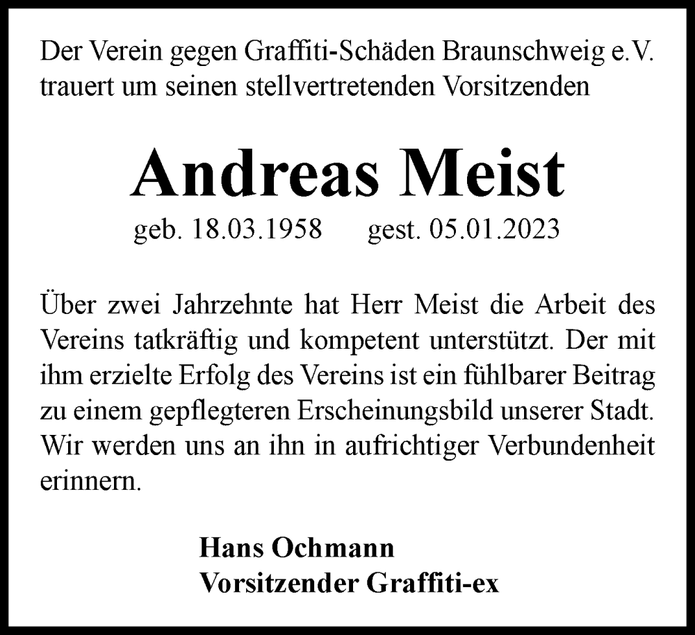  Traueranzeige für Andreas Meist vom 23.01.2023 aus Braunschweiger Zeitung