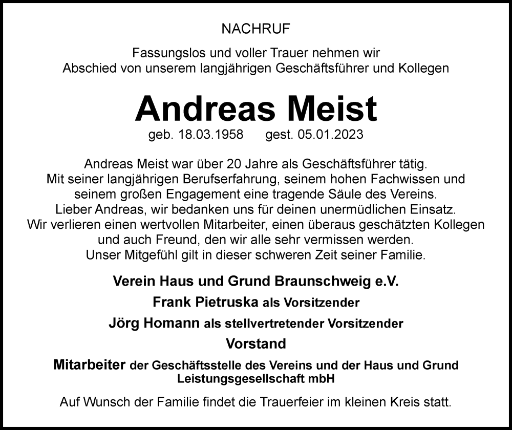  Traueranzeige für Andreas Meist vom 14.01.2023 aus Braunschweiger Zeitung