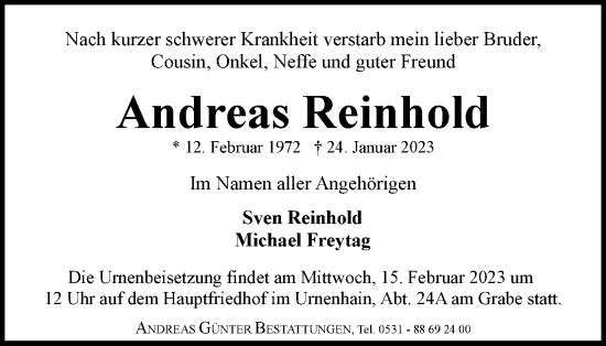 Traueranzeige von Andreas Reinhold von Braunschweiger Zeitung