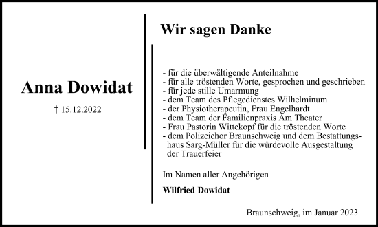Traueranzeige von Anna Dowidat von Braunschweiger Zeitung