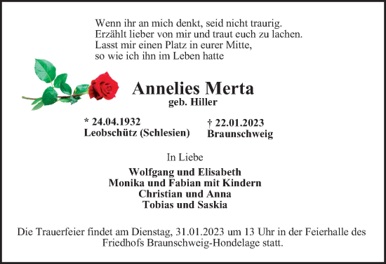 Traueranzeige von Annelies Merta von Braunschweiger Zeitung
